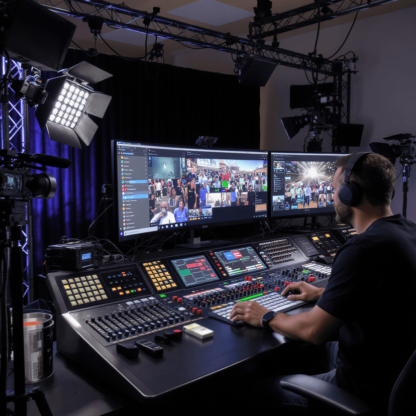 Multi-camera live production setup with streaming dashboard and broadcast-quality equipment in a studio environment
