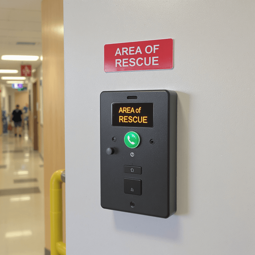 Emergency rescue communication station with call button and visual alert in a public building stairwell