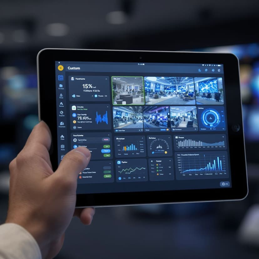 A modern AV control interface on a tablet managing multiple screens and devices in a smart conference room