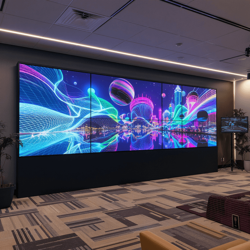 A vibrant LED video wall with interactive touchscreen displays and digital signage in a corporate environment