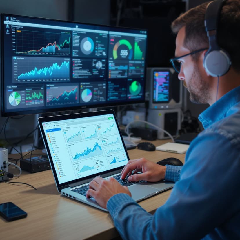 Technician monitoring AV systems remotely with diagnostic tools and a support dashboard in a control room
