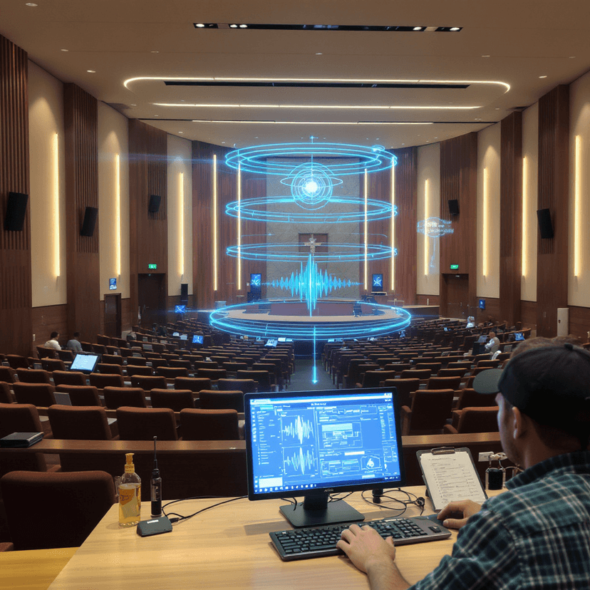 A lecture hall equipped with assistive listening devices, microphones, and digital audio processors for enhanced sound clarity