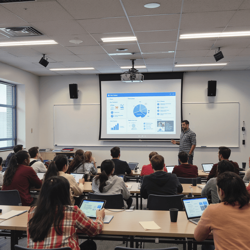 A smart classroom with interactive displays, voice-lift microphones, and students engaged in a tech-enhanced lesson