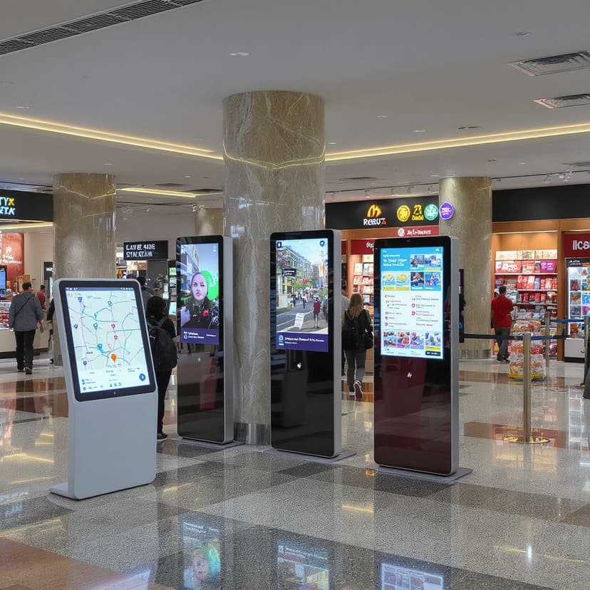 Interactive digital signage displays in a corporate lobby and retail space showing wayfinding, promotions, and emergency alerts
