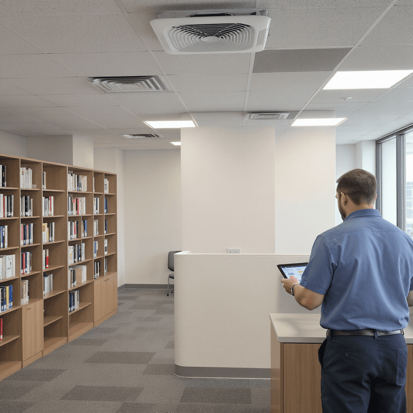 Office space with ceiling-mounted sound masking speakers and acoustic panels enhancing speech privacy